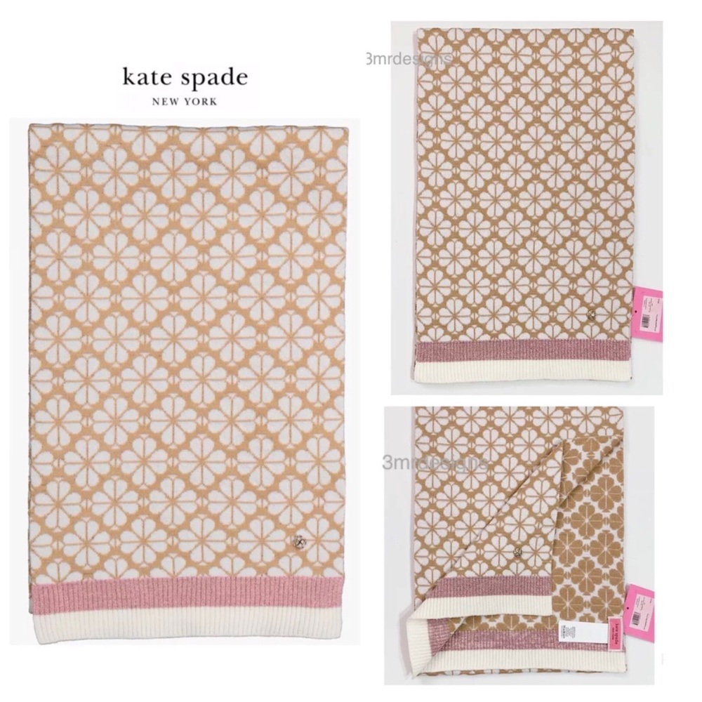 NWT Kate Spade ♠️SPADE FLOWER Roasted Cashew Stripe Knit Sewn-on Gold Stud Scarf